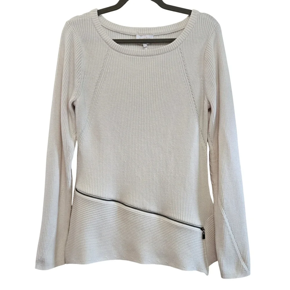 Laundry by Shelli Segal Modern Chic Cream Ribbed Knit Hip Zip Accent Sweater XL